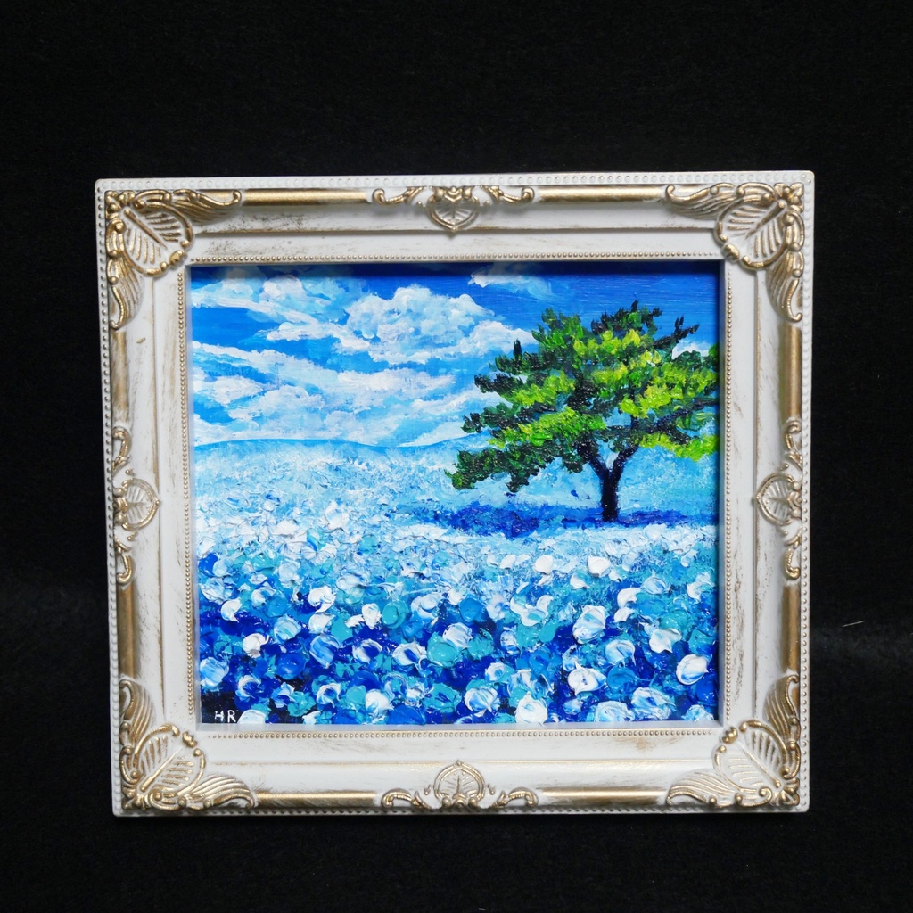 油絵 油彩 油彩画 絵 絵画 ミニ色紙【ネモフィラの丘】