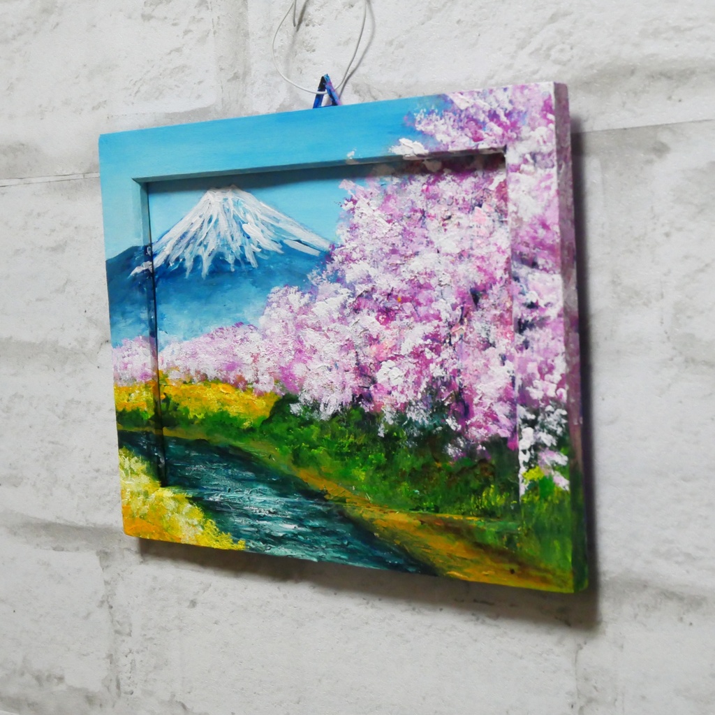 油絵 油彩 油彩画 絵 絵画 ミニ絵画【桜と富士山】