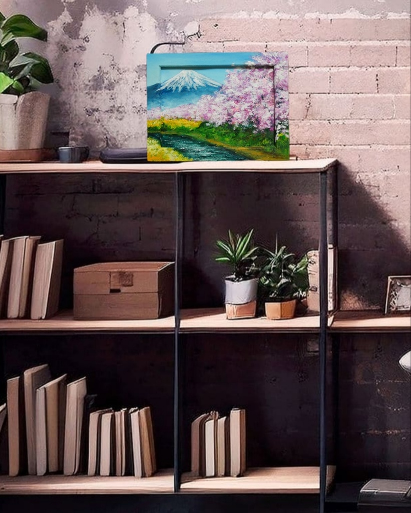 油絵 油彩 油彩画 絵 絵画 ミニ絵画【桜と富士山】