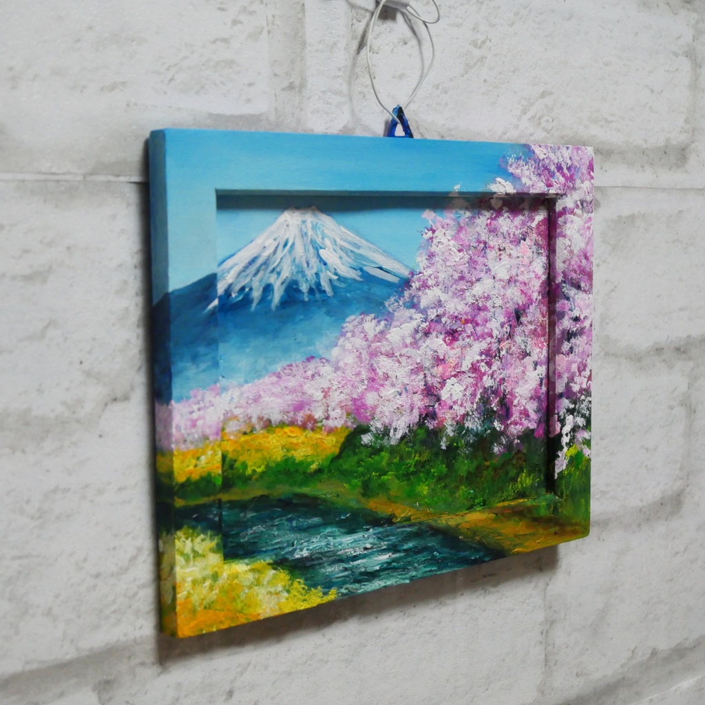 油絵 油彩 油彩画 絵 絵画 ミニ絵画【桜と富士山】