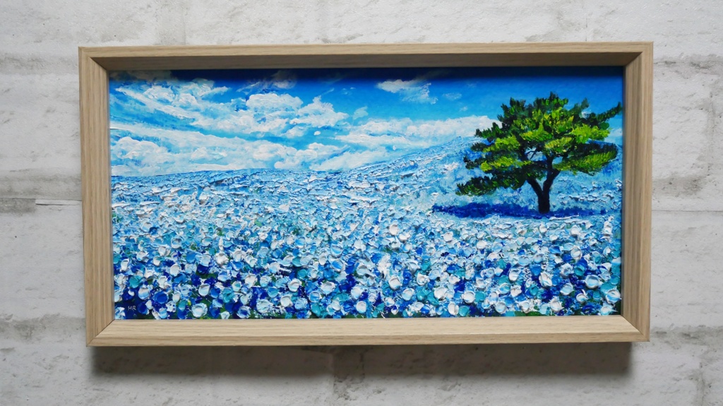 油絵 油彩 油彩画 絵 絵画 長方形ミニ絵画【ネモフィラの丘】