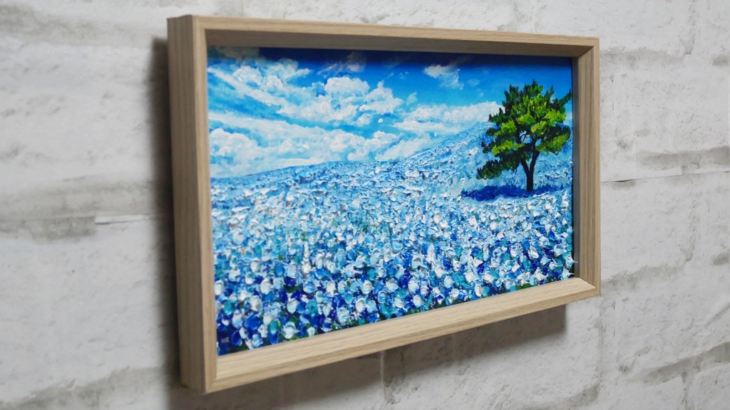 油絵 油彩 油彩画 絵 絵画 長方形ミニ絵画【ネモフィラの丘】