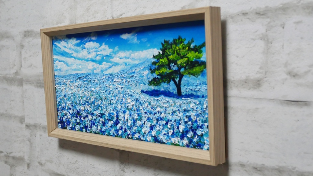 油絵 油彩 油彩画 絵 絵画 長方形ミニ絵画【ネモフィラの丘】