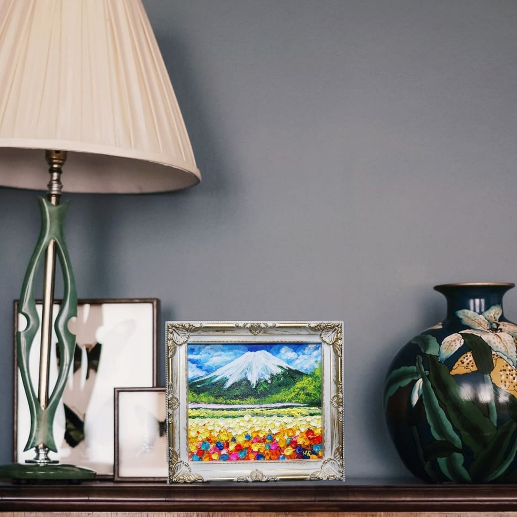 油絵 油彩 油彩画 絵 絵画 ミニ色紙【お花畑と富士山