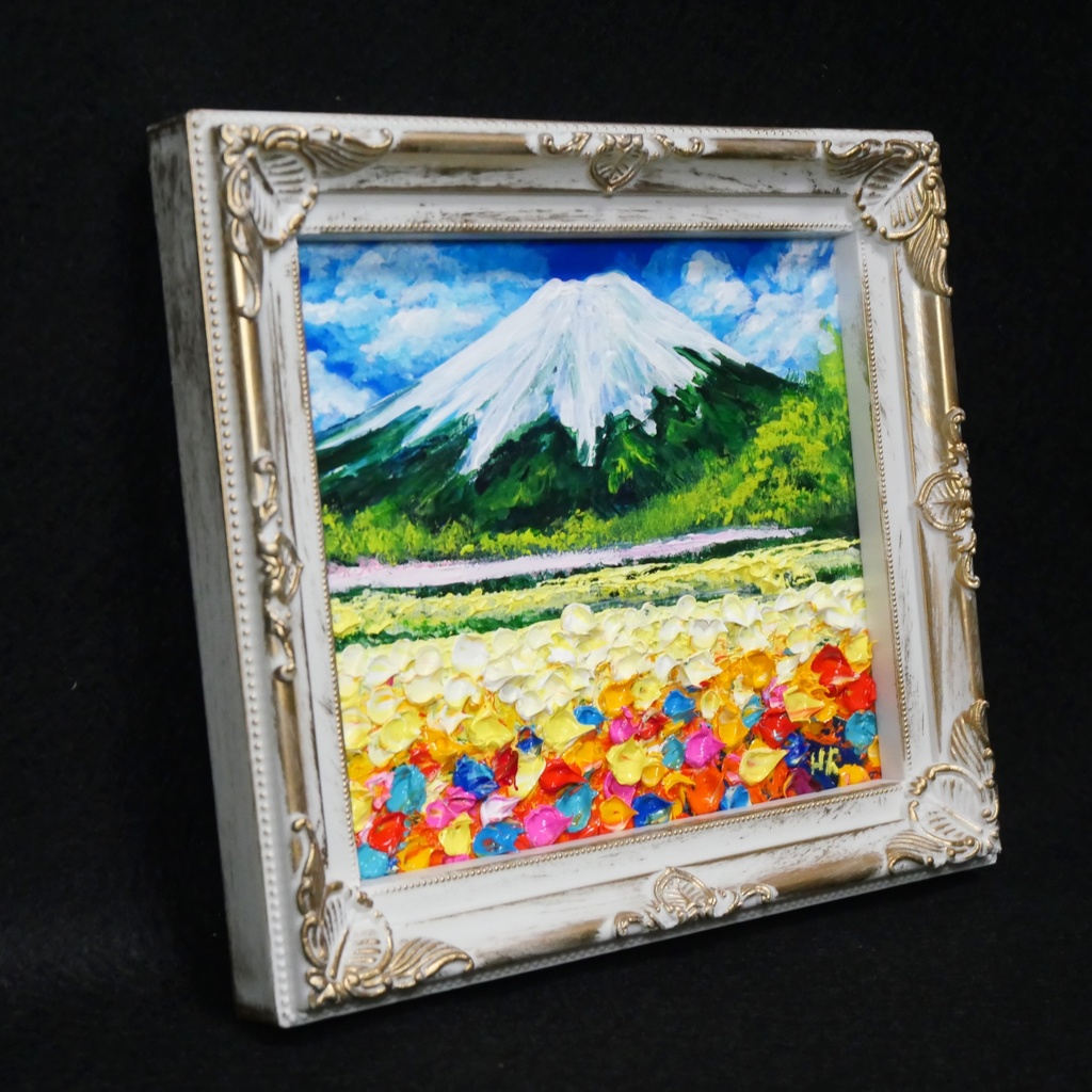 油絵 油彩 油彩画 絵 絵画 ミニ色紙【お花畑と富士山