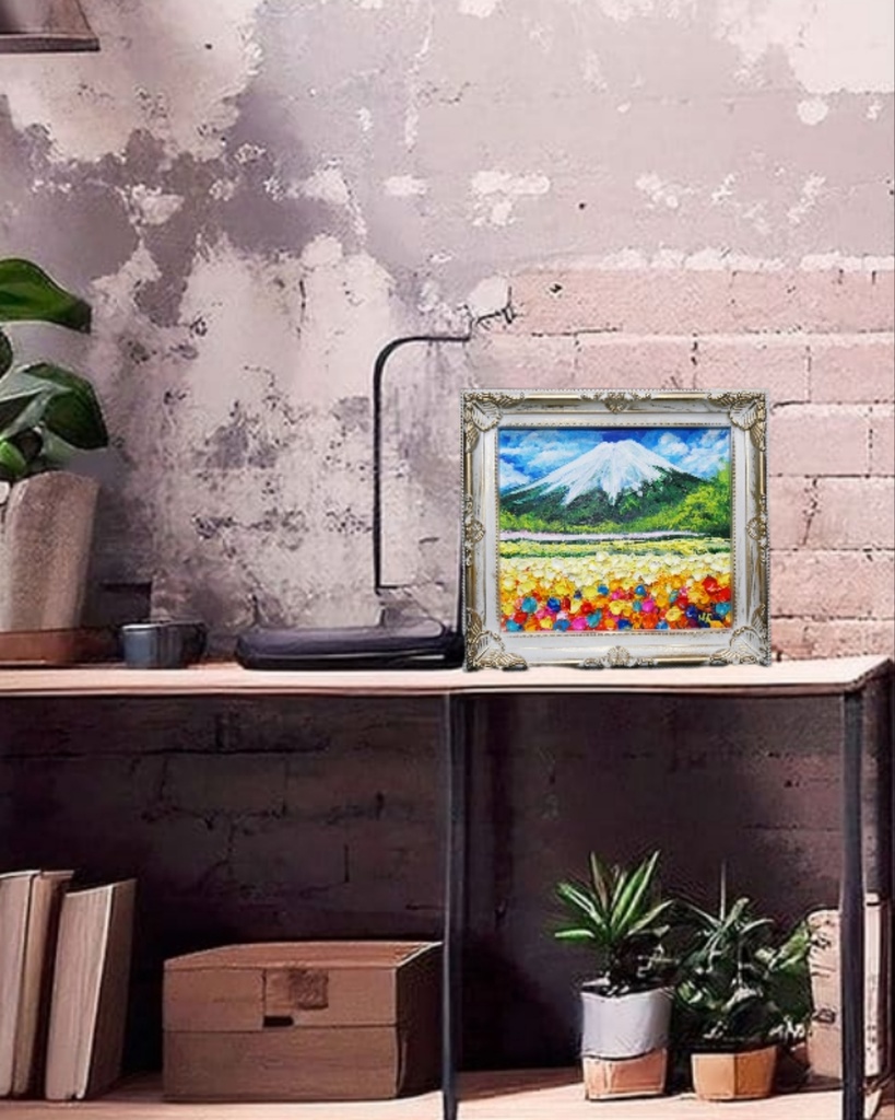 油絵 油彩 油彩画 絵 絵画 ミニ色紙【お花畑と富士山