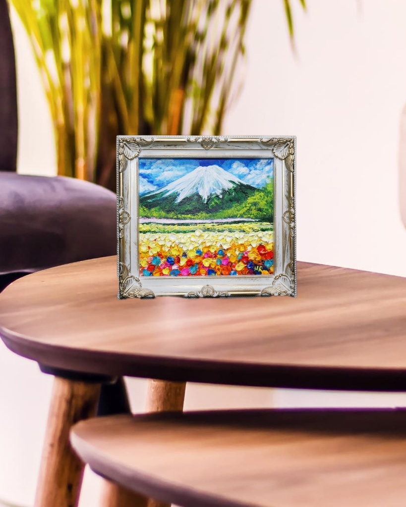 油絵 油彩 油彩画 絵 絵画 ミニ色紙【お花畑と富士山