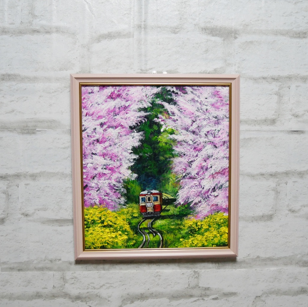 油絵 油彩 油彩画 絵 絵画 【桜と菜の花の鉄道】