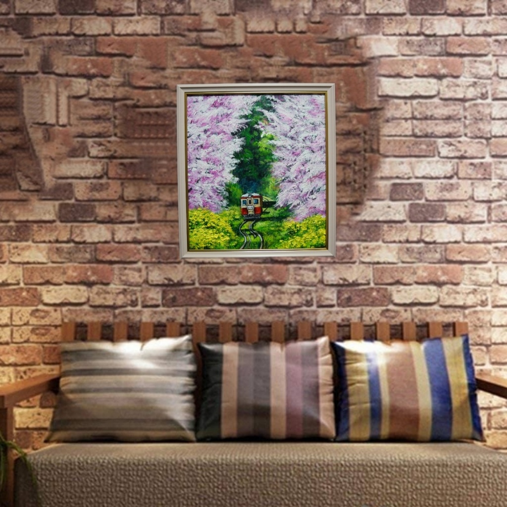 油絵 油彩 油彩画 絵 絵画 【桜と菜の花の鉄道】