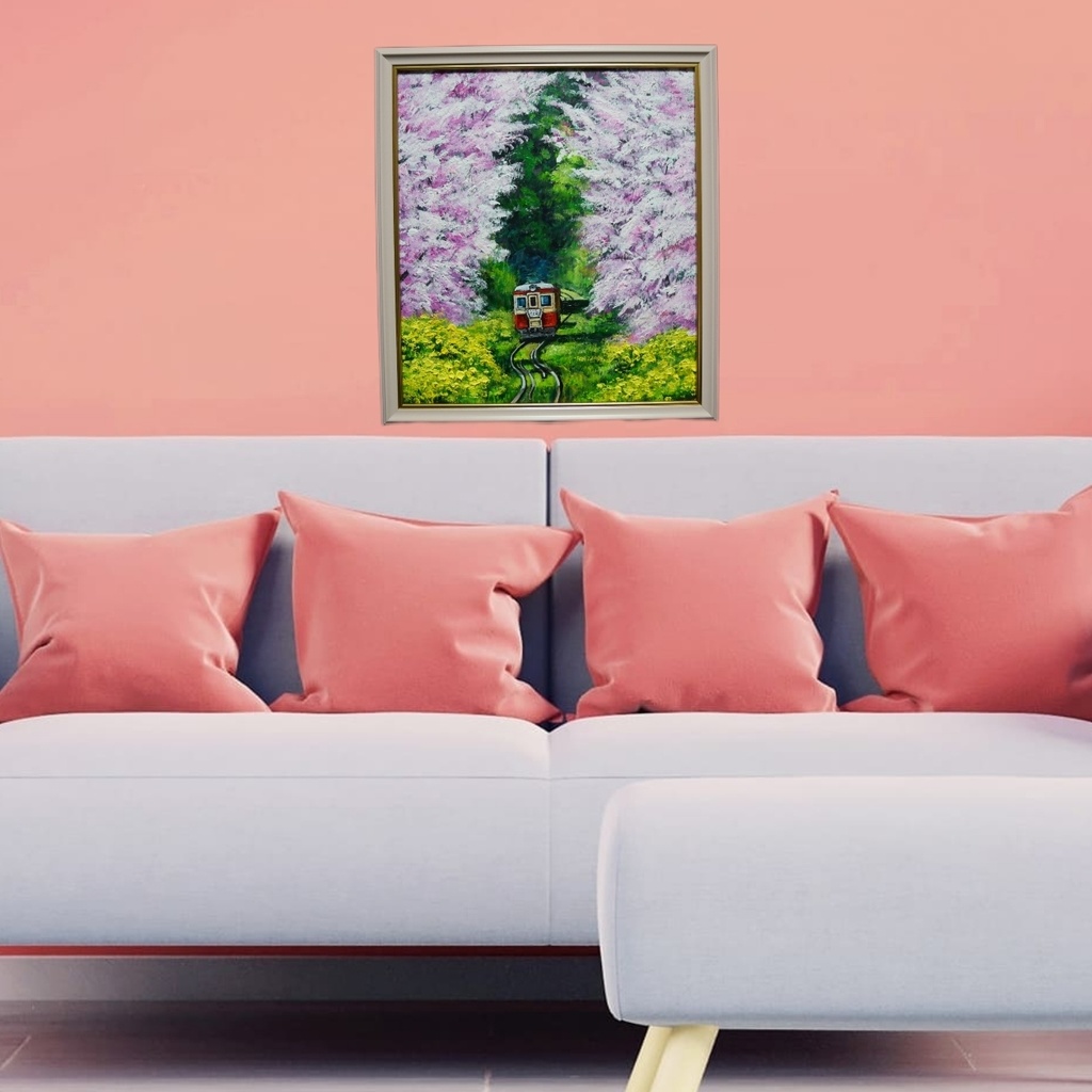 油絵 油彩 油彩画 絵 絵画 【桜と菜の花の鉄道】