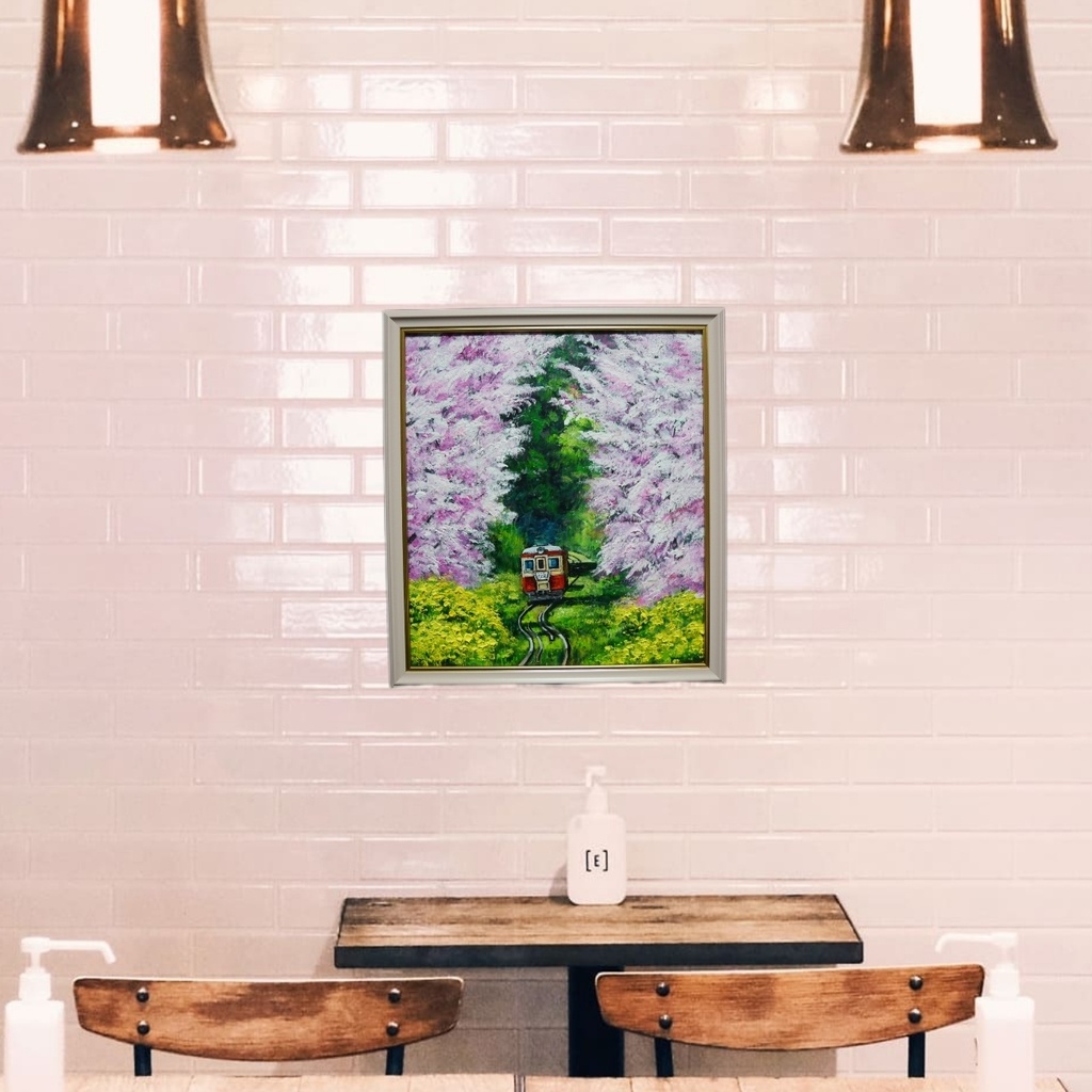 油絵 油彩 油彩画 絵 絵画 【桜と菜の花の鉄道】