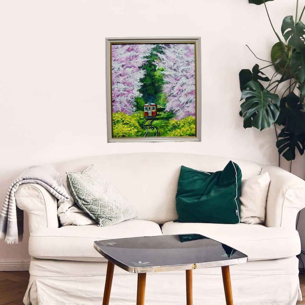 油絵 油彩 油彩画 絵 絵画 【桜と菜の花の鉄道】
