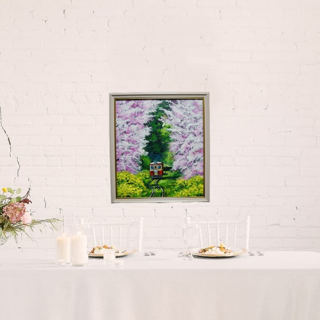 油絵 油彩 油彩画 絵 絵画 【桜と菜の花の鉄道】