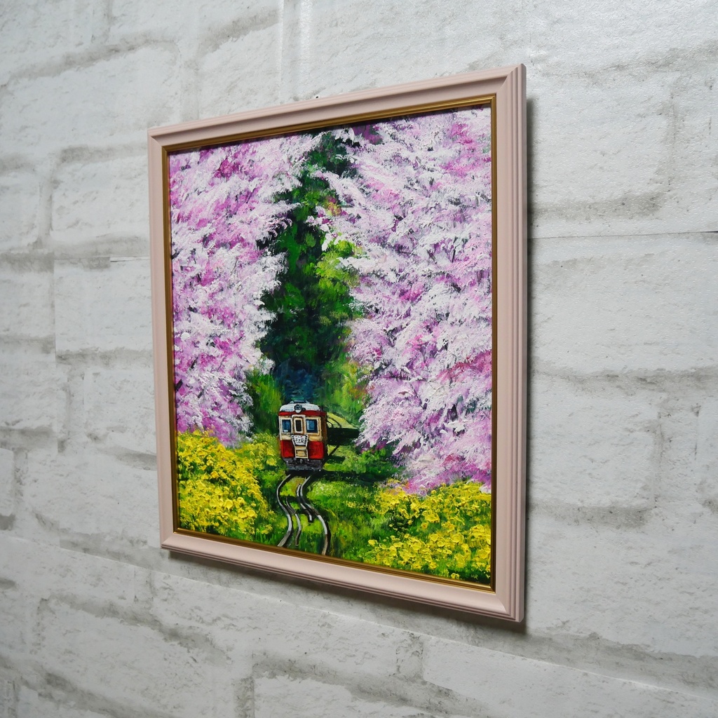 油絵 油彩 油彩画 絵 絵画 【桜と菜の花の鉄道】