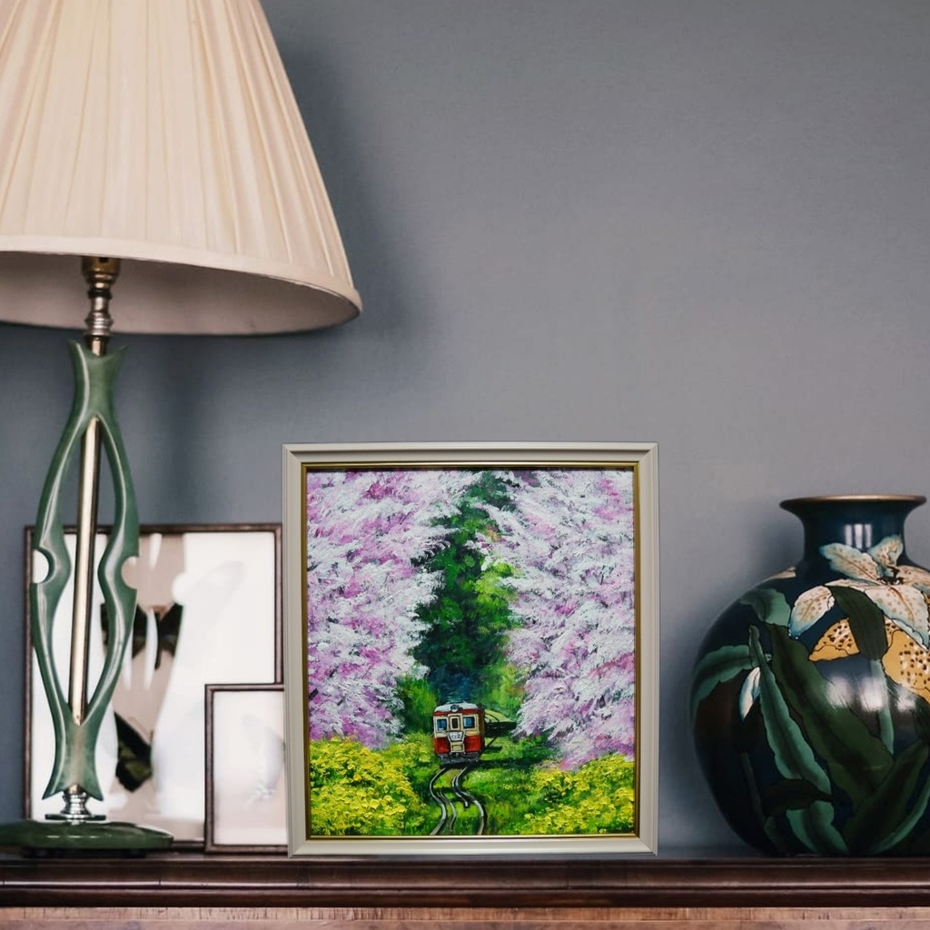 油絵 油彩 油彩画 絵 絵画 【桜と菜の花の鉄道】