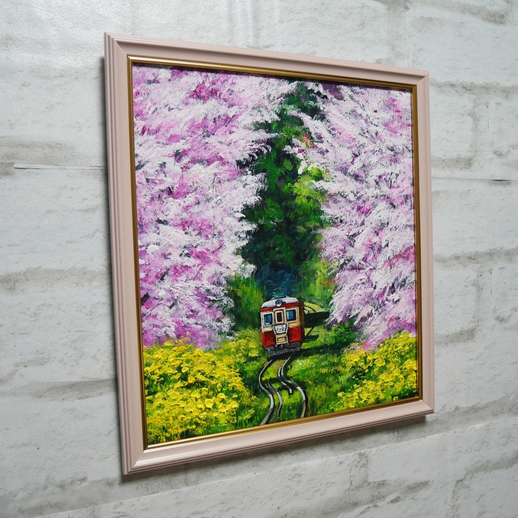 油絵 油彩 油彩画 絵 絵画 【桜と菜の花の鉄道】