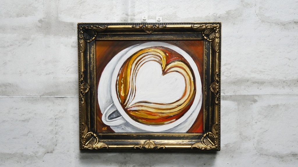 油絵 ミニ色紙【ラテアートハート】