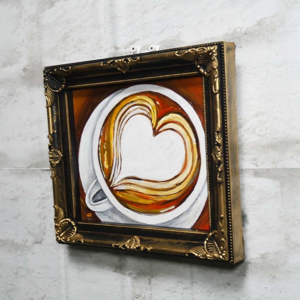 油絵 ミニ色紙【ラテアートハート】