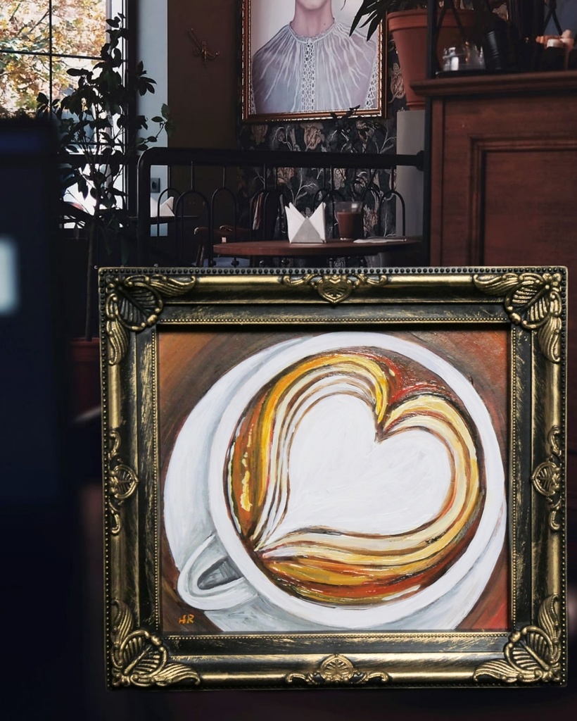 油絵 ミニ色紙【ラテアートハート】