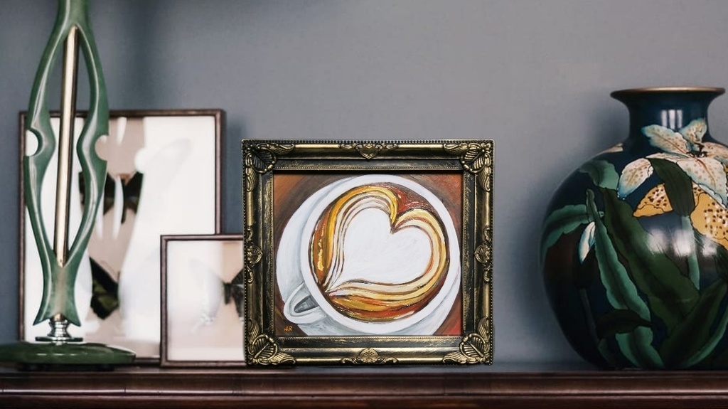 油絵 ミニ色紙【ラテアートハート】