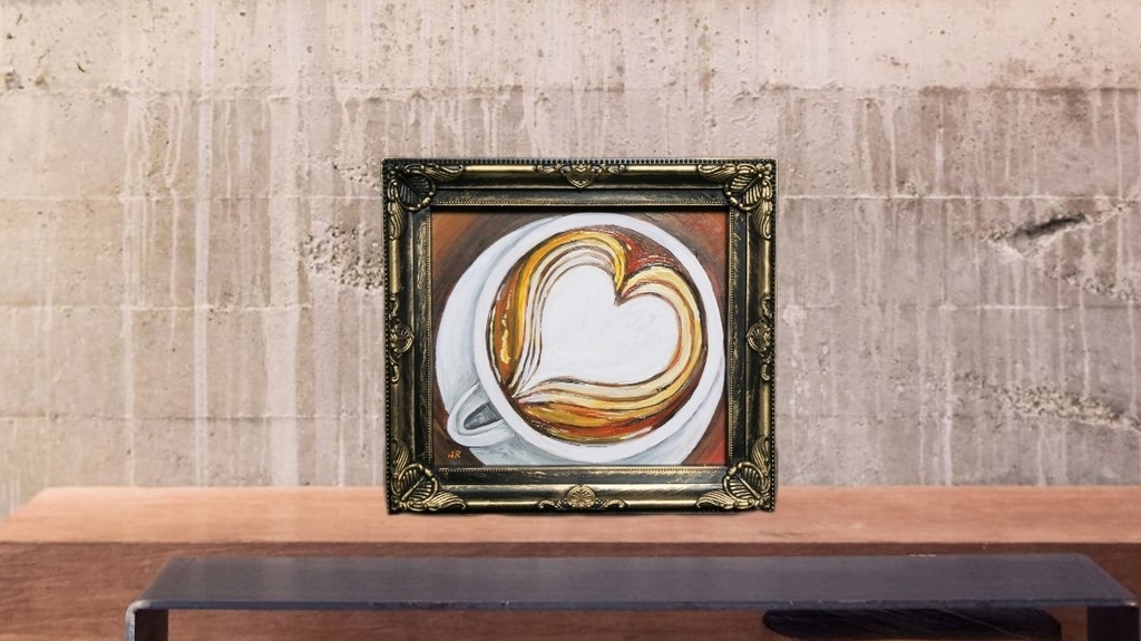 油絵 ミニ色紙【ラテアートハート】