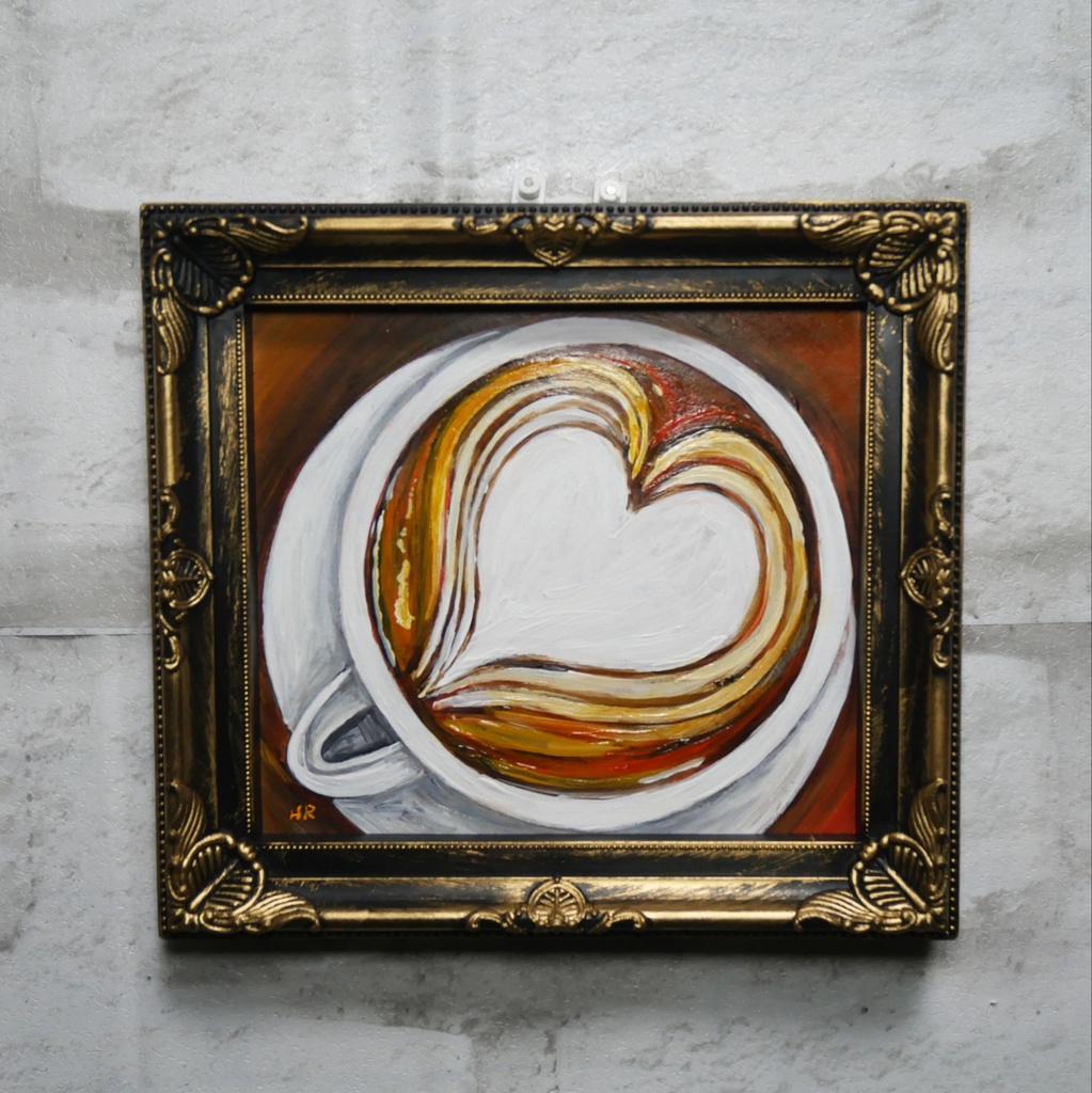 油絵 ミニ色紙【ラテアートハート】