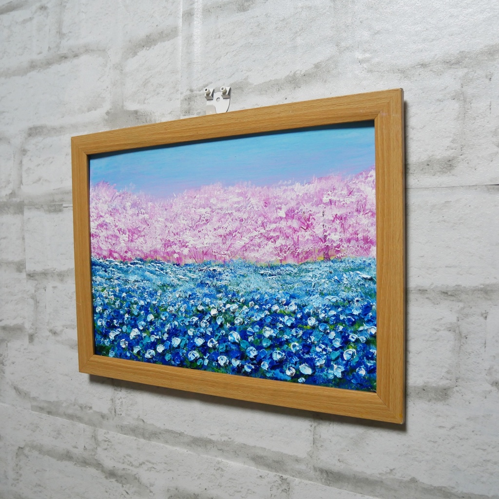 油絵 油彩 油彩画 絵画 絵【ネモフィラとサクラ】