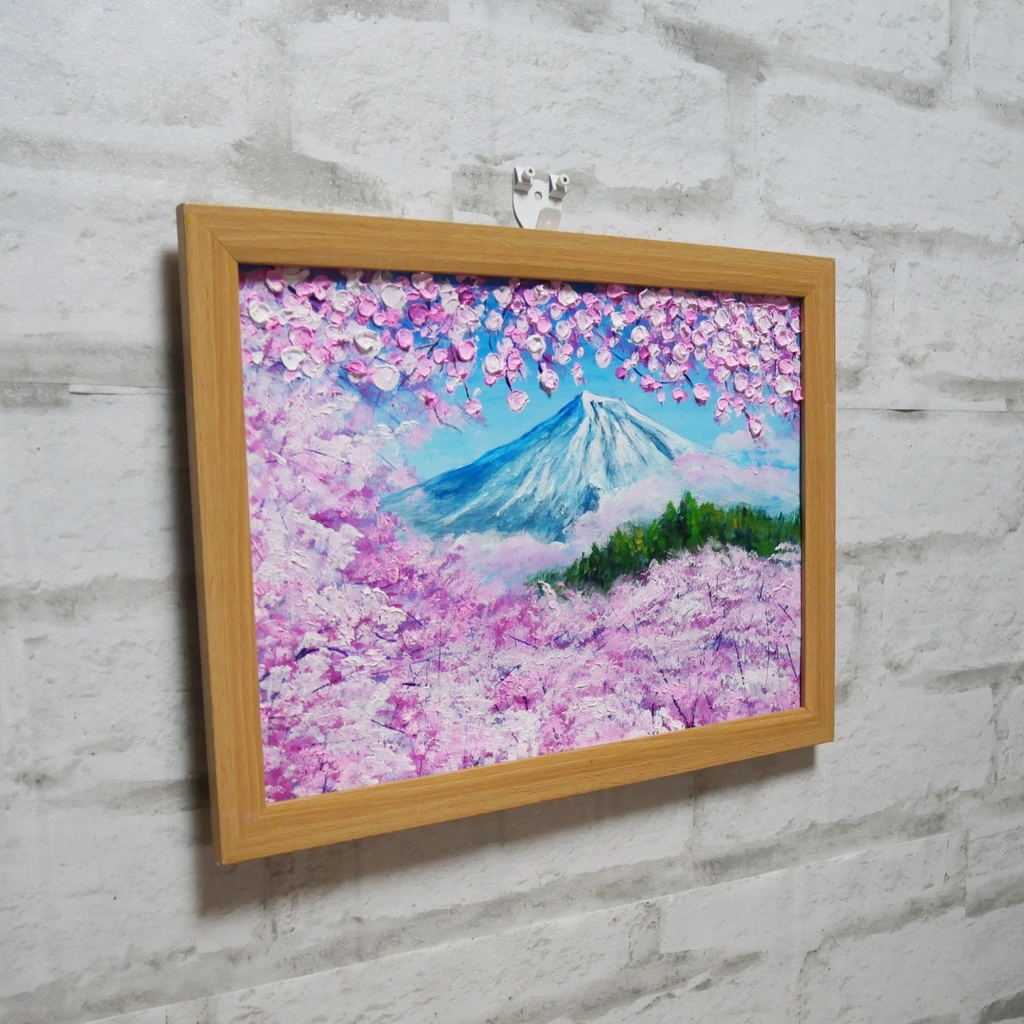 油絵 油彩 油彩画 絵 絵画 【富士山と桜】