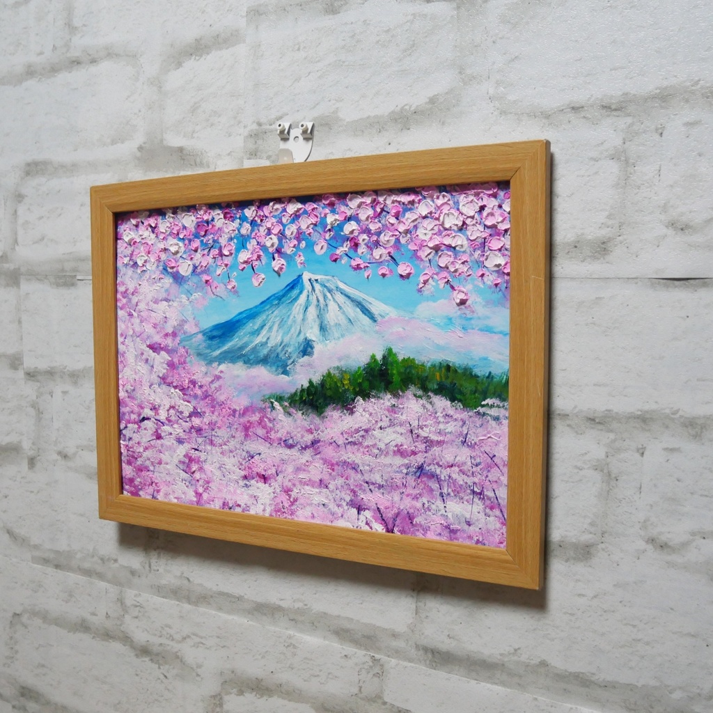油絵 油彩 油彩画 絵 絵画 【富士山と桜】
