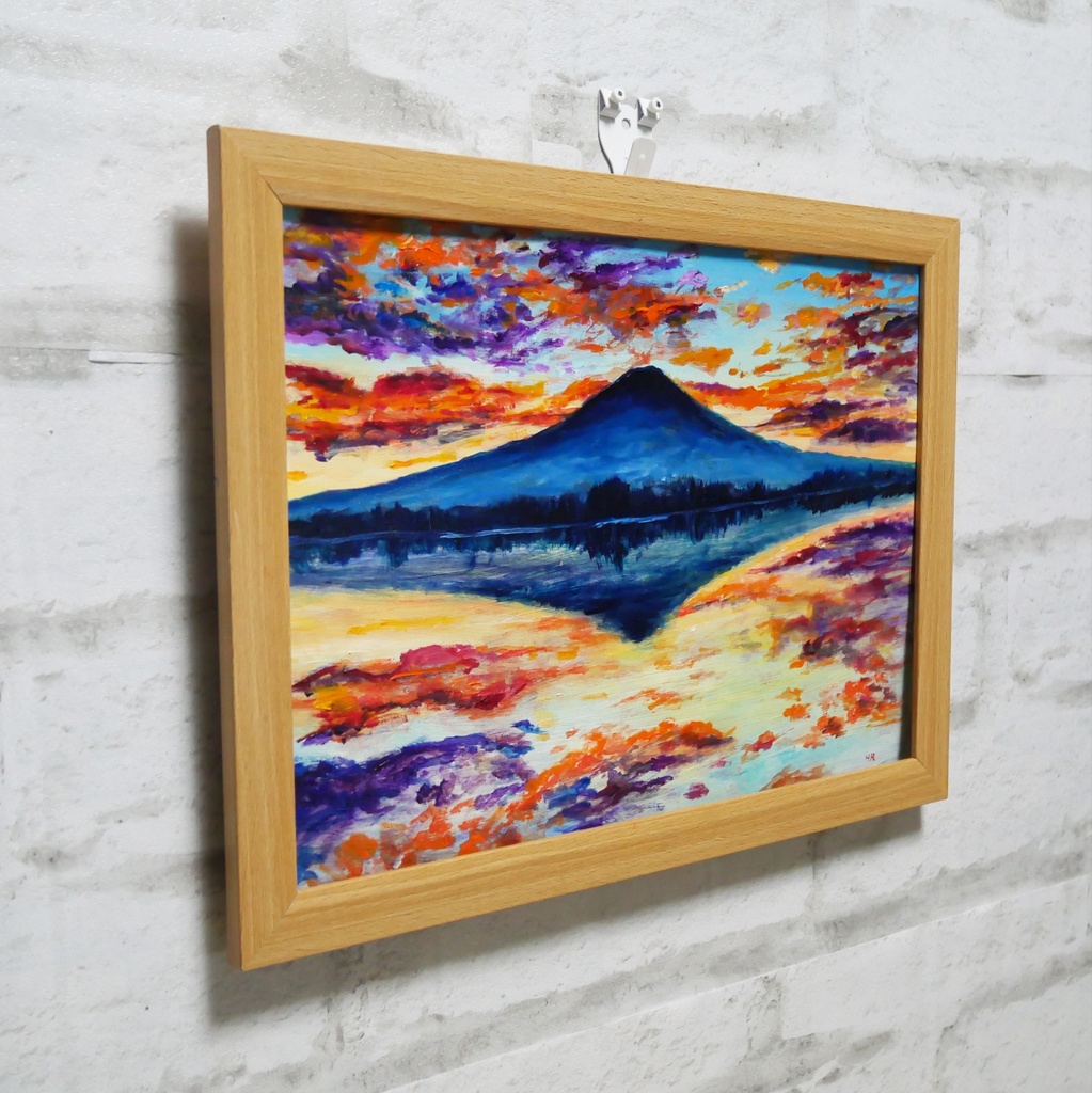 油絵 油彩 油彩画 絵 絵画 【水面に映る富士山】