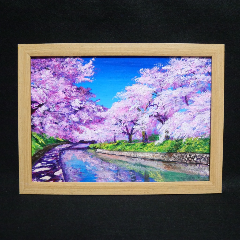 油絵 絵画【河川の夜桜】 - 絵画/タペストリ