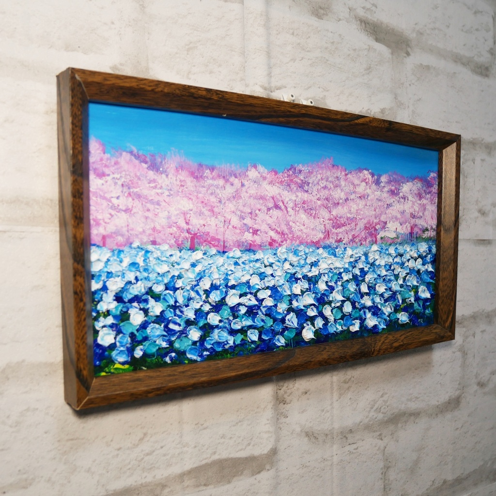 油絵 油彩 油彩画 絵 絵画 長方形ミニ絵画【ネモフィラとサクラ】