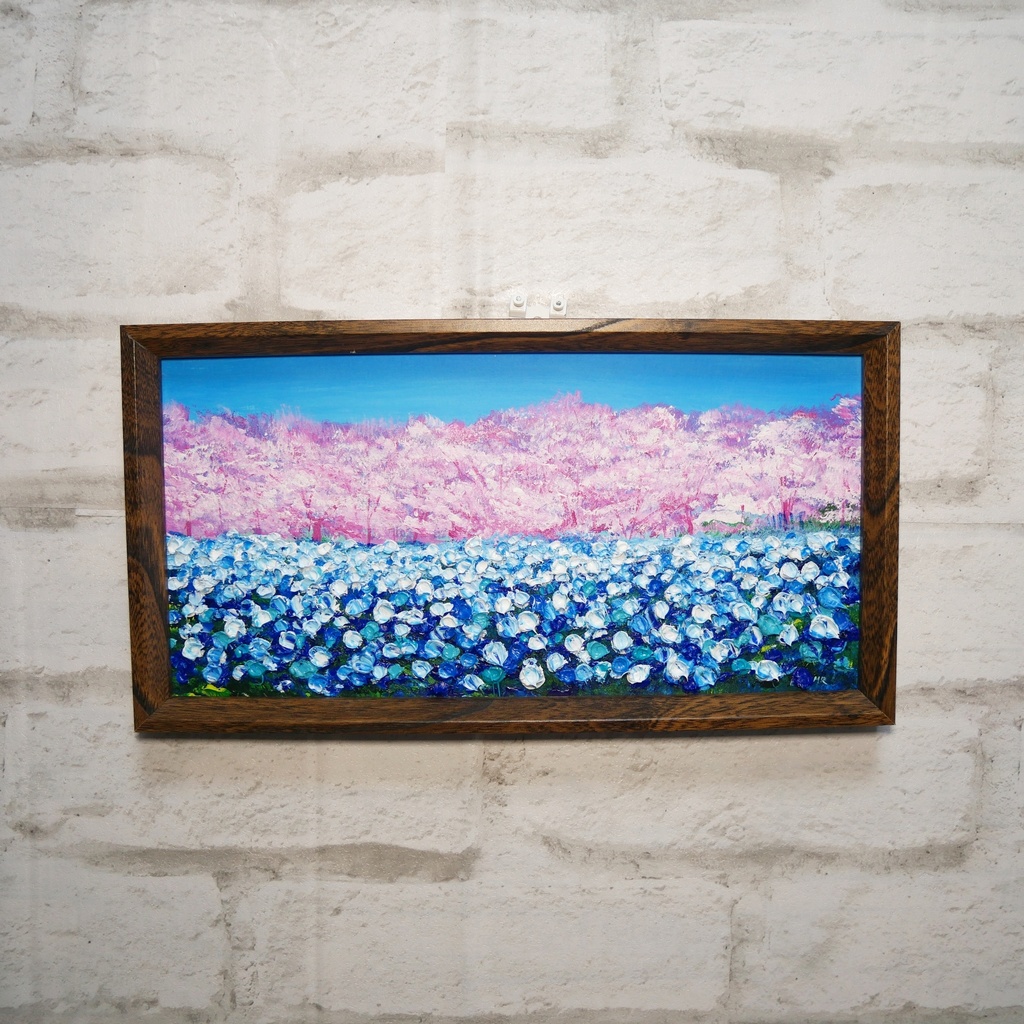 油絵 油彩 油彩画 絵 絵画 長方形ミニ絵画【ネモフィラとサクラ】