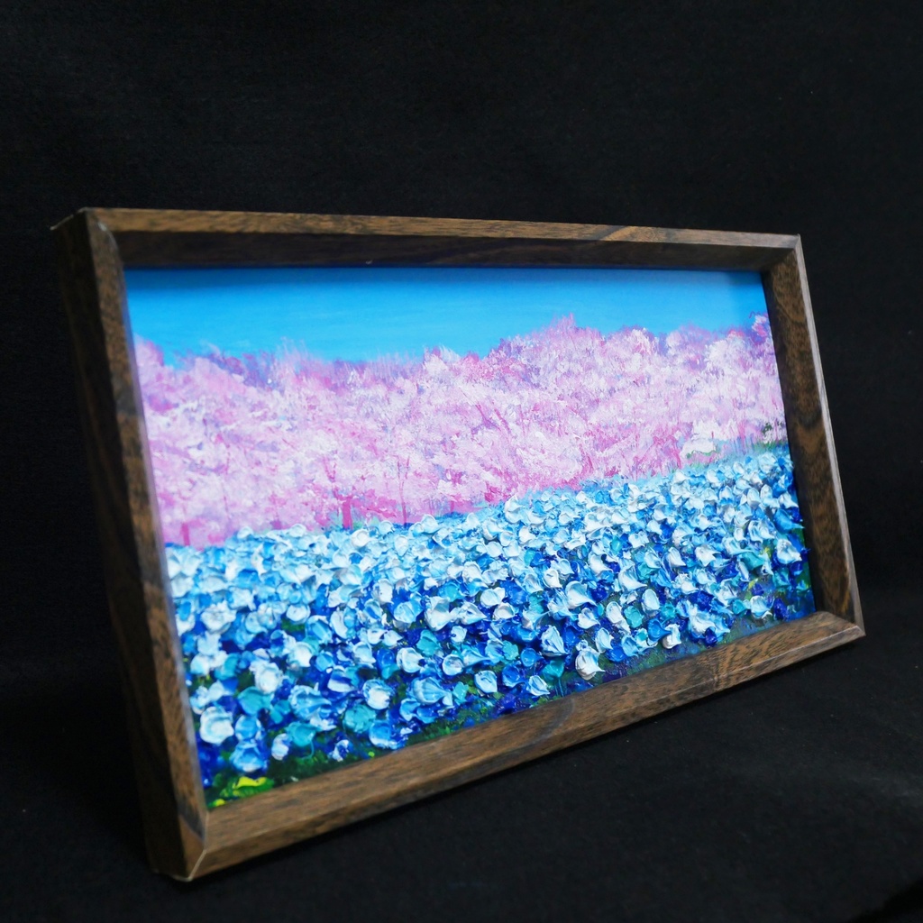 油絵 油彩 油彩画 絵 絵画 長方形ミニ絵画【ネモフィラとサクラ】