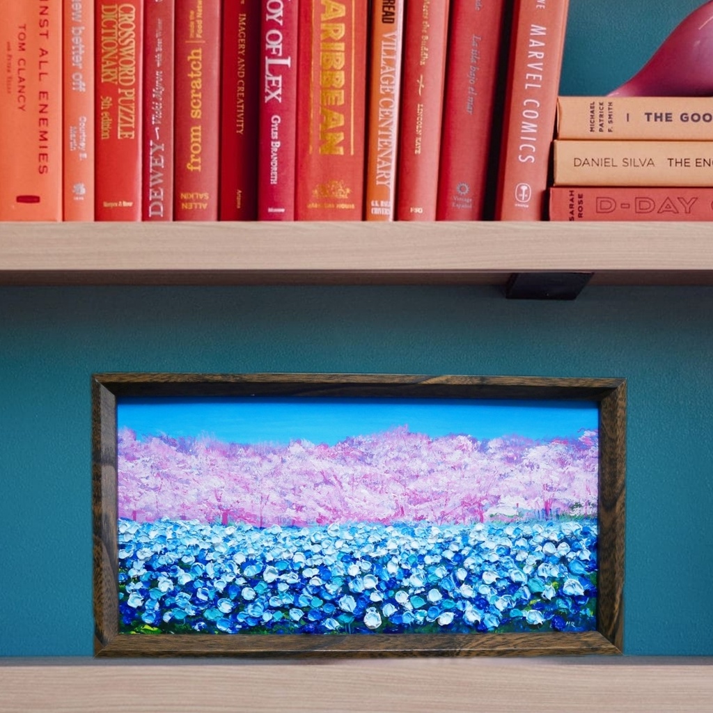 油絵 油彩 油彩画 絵 絵画 長方形ミニ絵画【ネモフィラとサクラ】