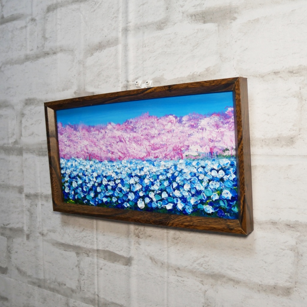 油絵 油彩 油彩画 絵 絵画 長方形ミニ絵画【ネモフィラとサクラ】
