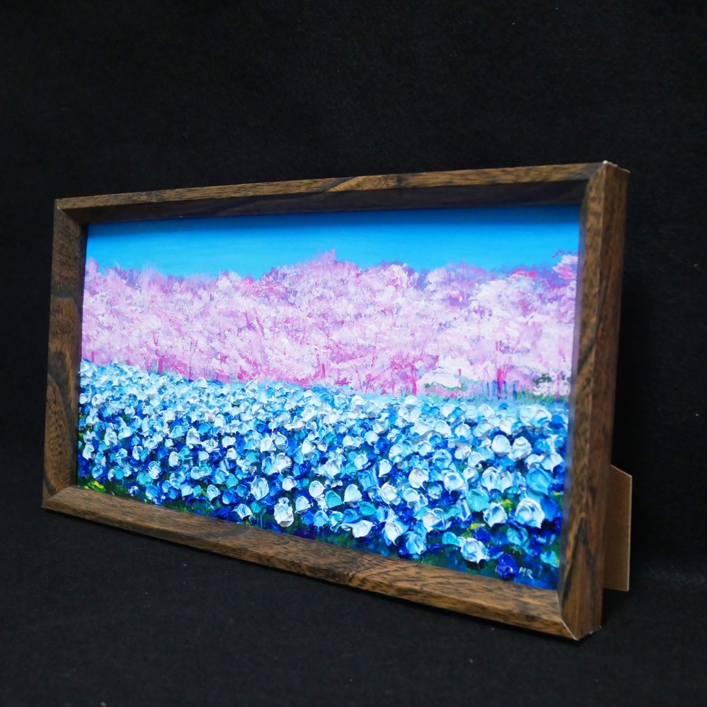 油絵 油彩 油彩画 絵 絵画 長方形ミニ絵画【ネモフィラとサクラ】