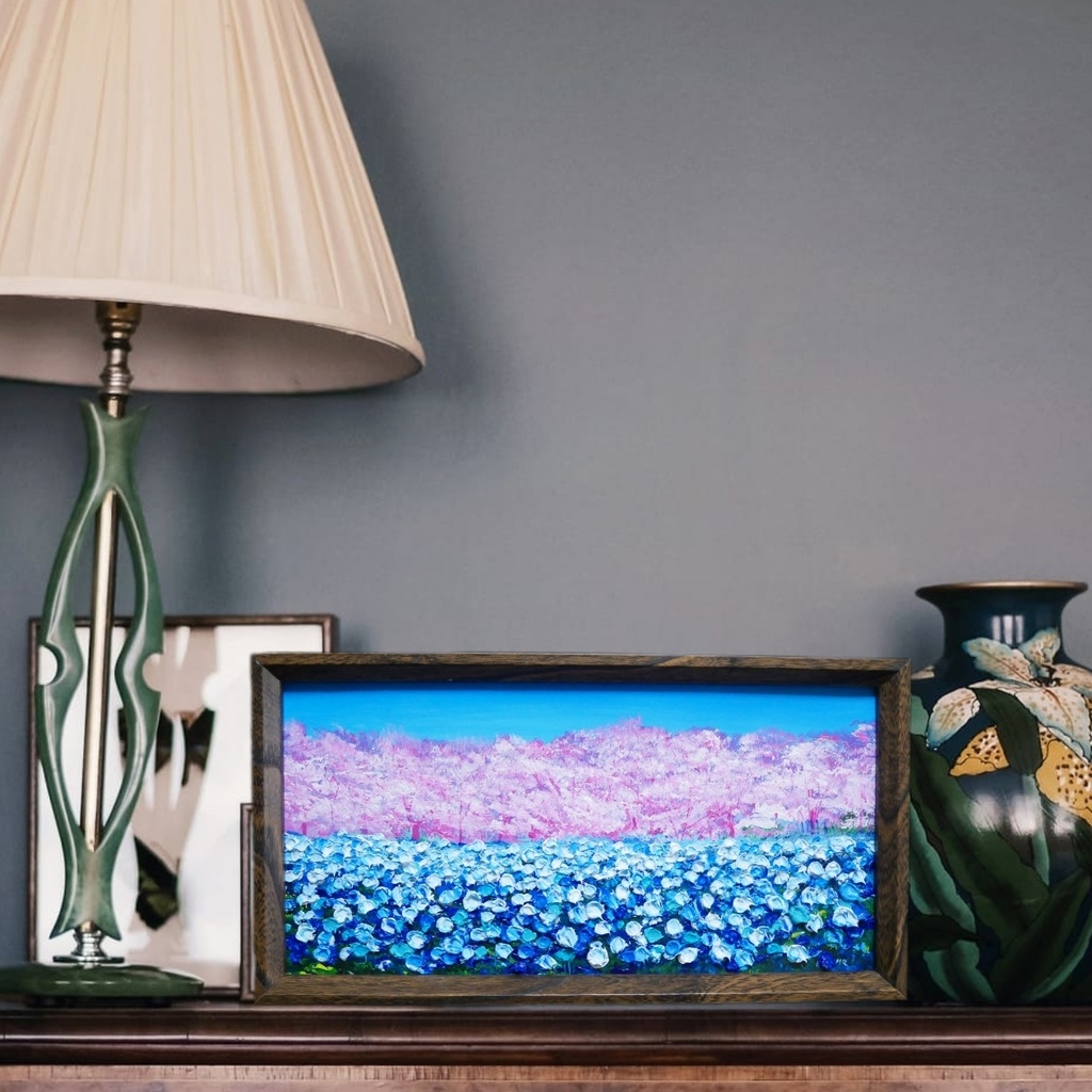 油絵 油彩 油彩画 絵 絵画 長方形ミニ絵画【ネモフィラとサクラ】