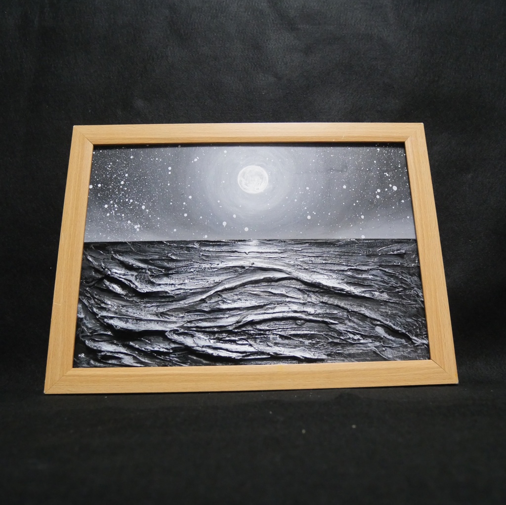 油絵 油彩 油彩画 絵 絵画 【白黒の満月と星空の海】