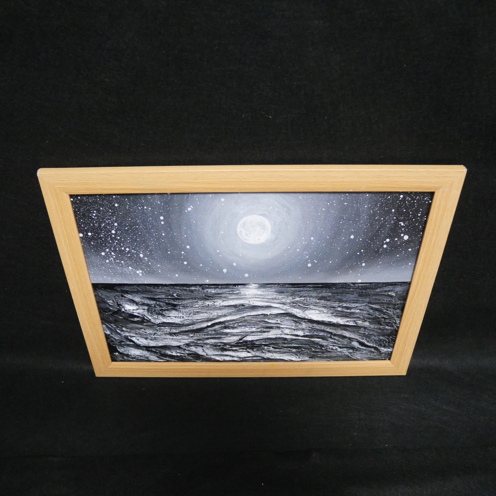 油絵 油彩 油彩画 絵 絵画 【白黒の満月と星空の海】