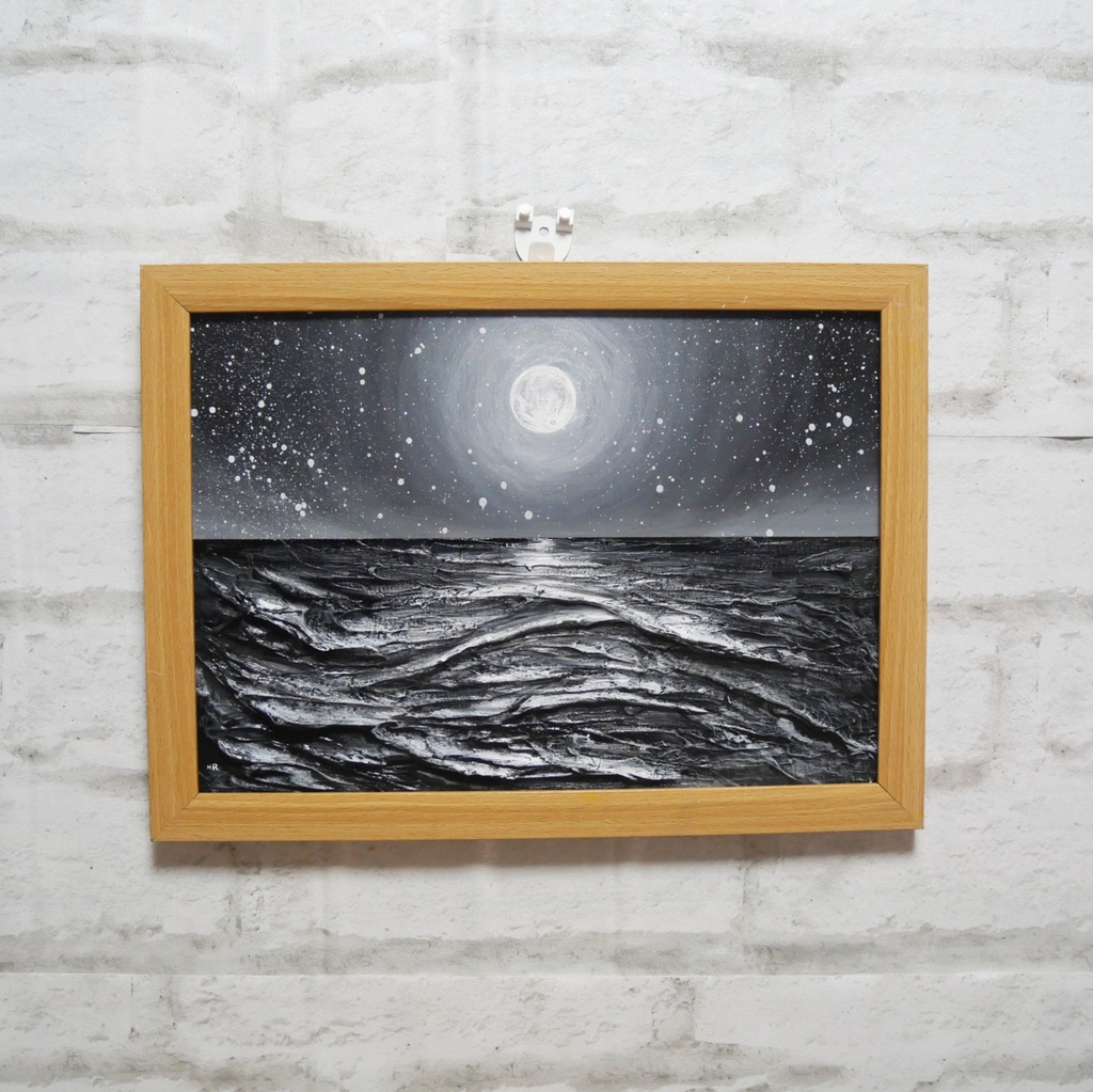 油絵 油彩 油彩画 絵 絵画 【白黒の満月と星空の海】