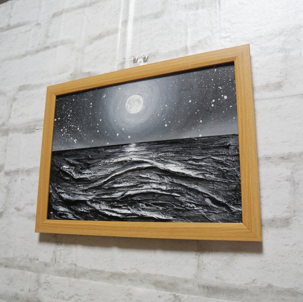 油絵 油彩 油彩画 絵 絵画 【白黒の満月と星空の海】