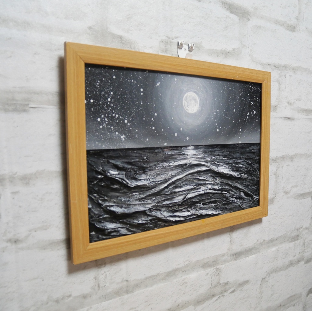油絵 油彩 油彩画 絵 絵画 【白黒の満月と星空の海】