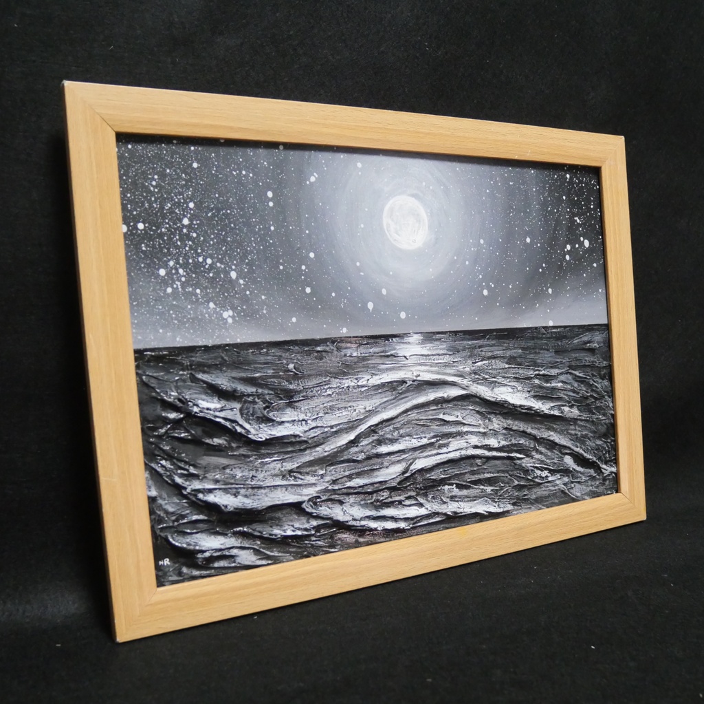 油絵 油彩 油彩画 絵 絵画 【白黒の満月と星空の海】