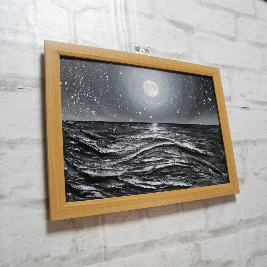 油絵 油彩 油彩画 絵 絵画 【白黒の満月と星空の海】