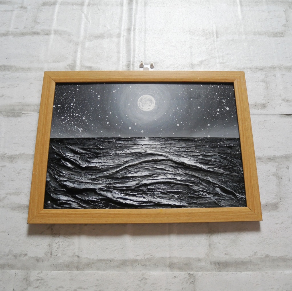 油絵 油彩 油彩画 絵 絵画 【白黒の満月と星空の海】