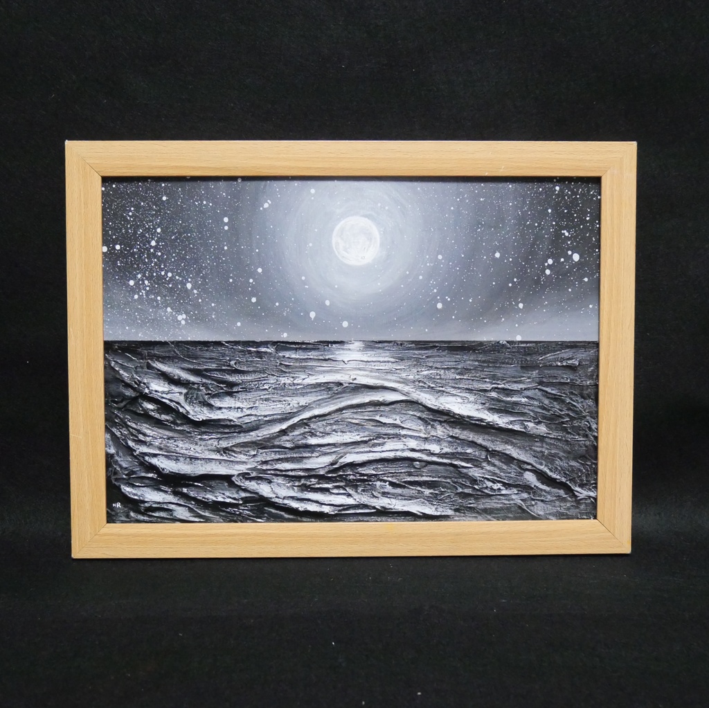 油絵 油彩 油彩画 絵 絵画 【白黒の満月と星空の海】