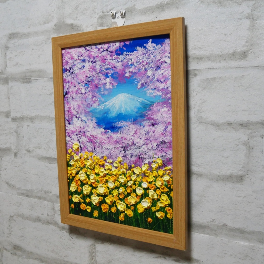 油絵 油彩 油彩画 絵 絵画 【桜と富士山と菜の花】