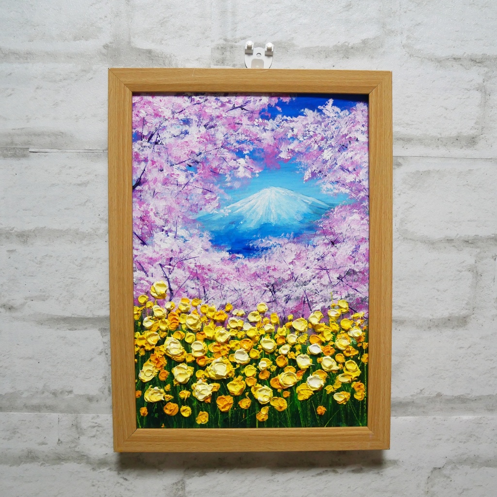 油絵 油彩 油彩画 絵 絵画 【桜と富士山と菜の花】