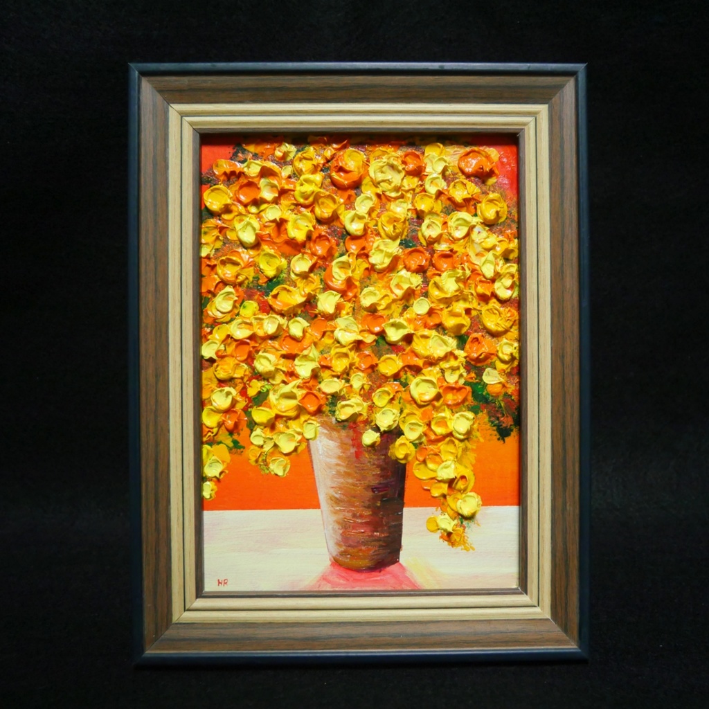 油絵 油彩 油彩画 絵 絵画 ミニ絵画【黄色のミモザ】